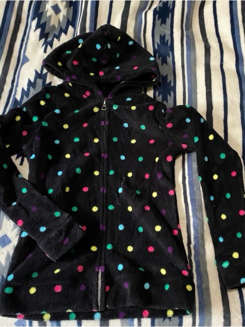 Girls' Black Polka Dot Hooded Zip Fleece Top - Multicolor Dots